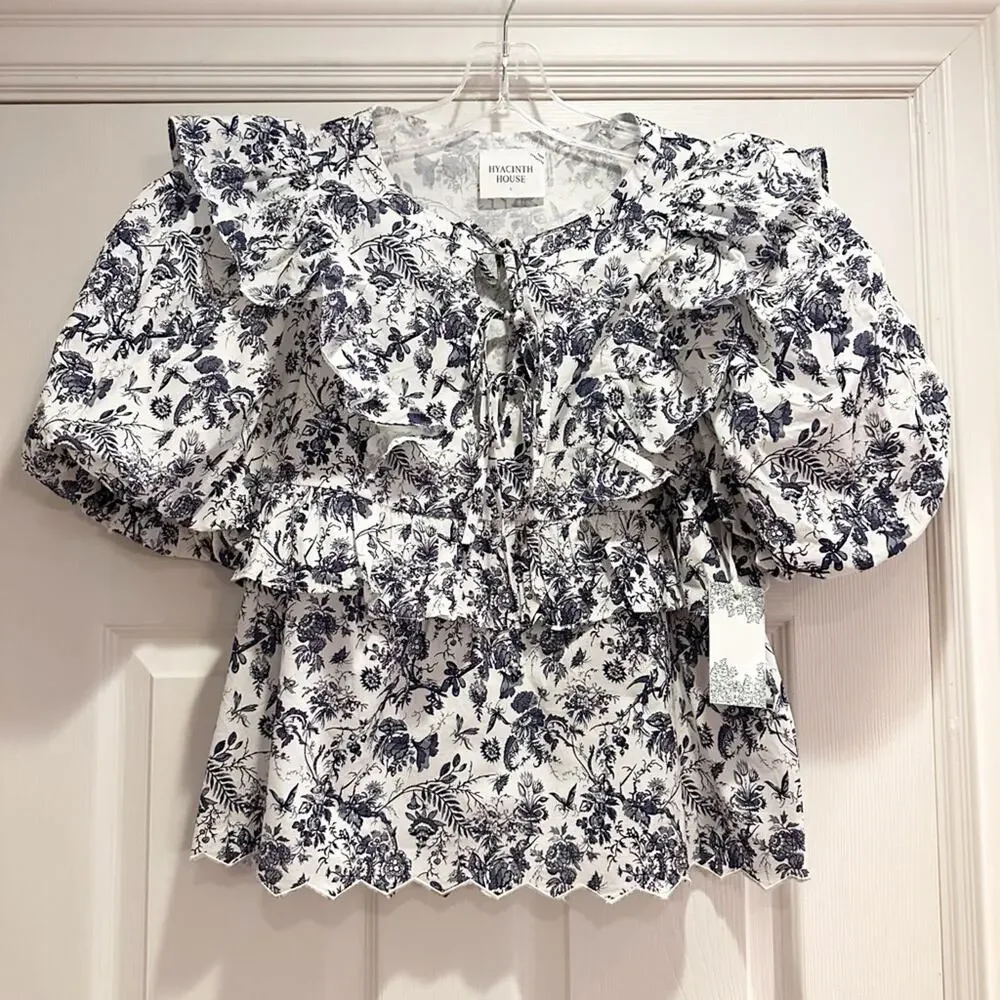 Hyacinth House Nadia Blouse Blue Floral Tuckernuck Puff Sleeve LARGE Top NWT - Picture 13 of 14